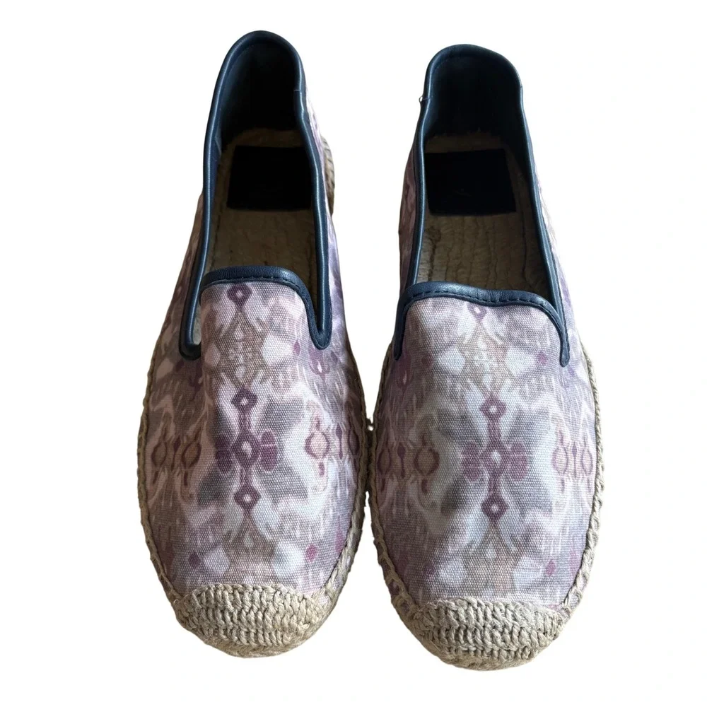 NWOB Tory Burch Purple Ikat Canvas Espadrille Flats Gold Logo Navy Leather‎ Trim